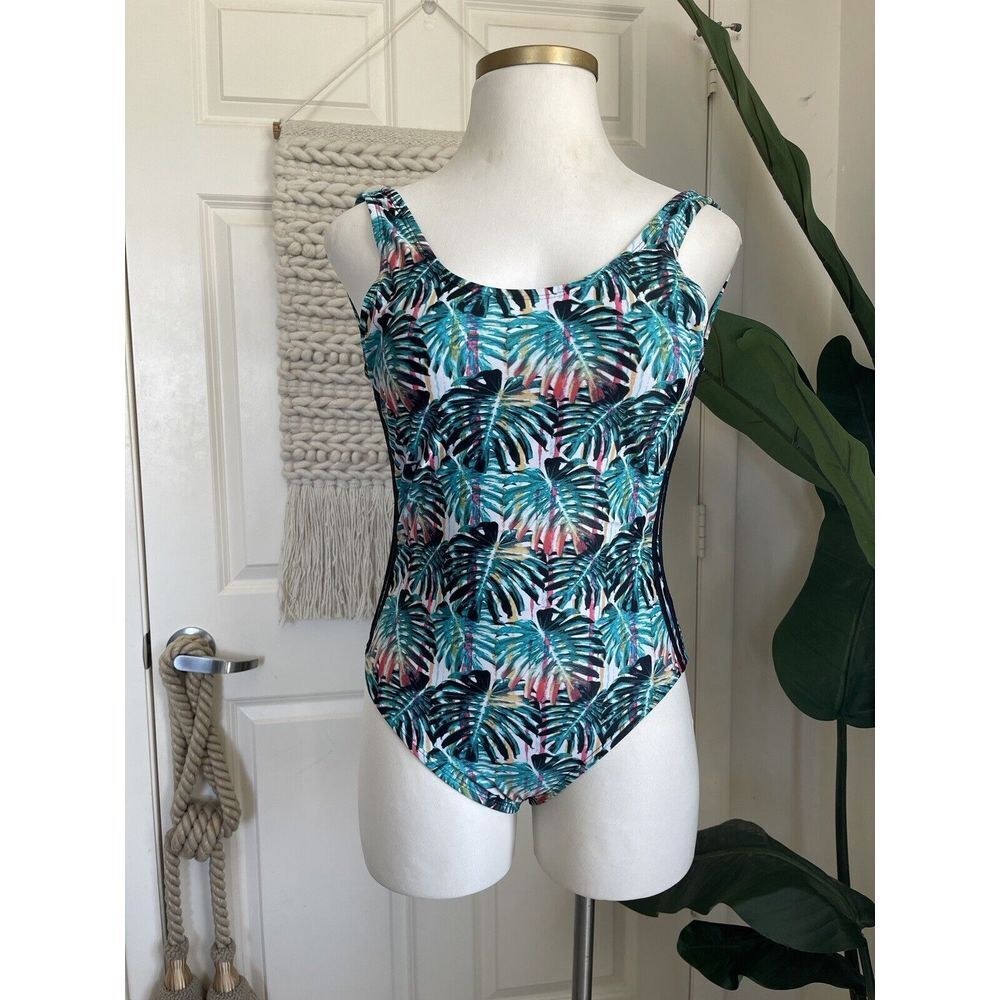 ADIDAS Original XL One Piece 14/16 Painted Palms 3 Stripes Swimsuit Low Back Med